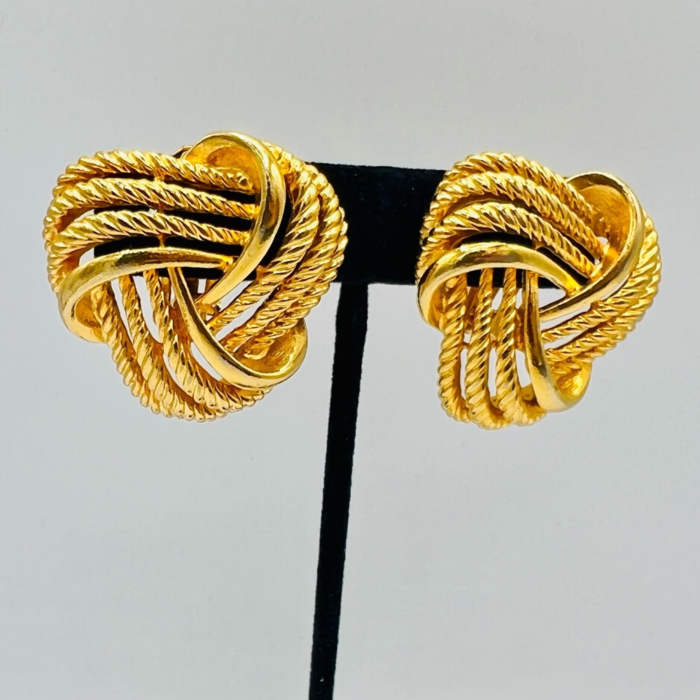 Vintage clip on earrings gold tone knot twist triangle